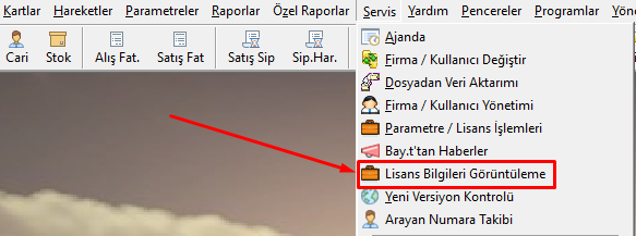 Capital/Boss menüsünde lisans bilgilerini görüntüleme seçeneği.