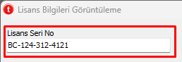 Lisans bilgileri penceresindeki Lisans Seri No alanı.
