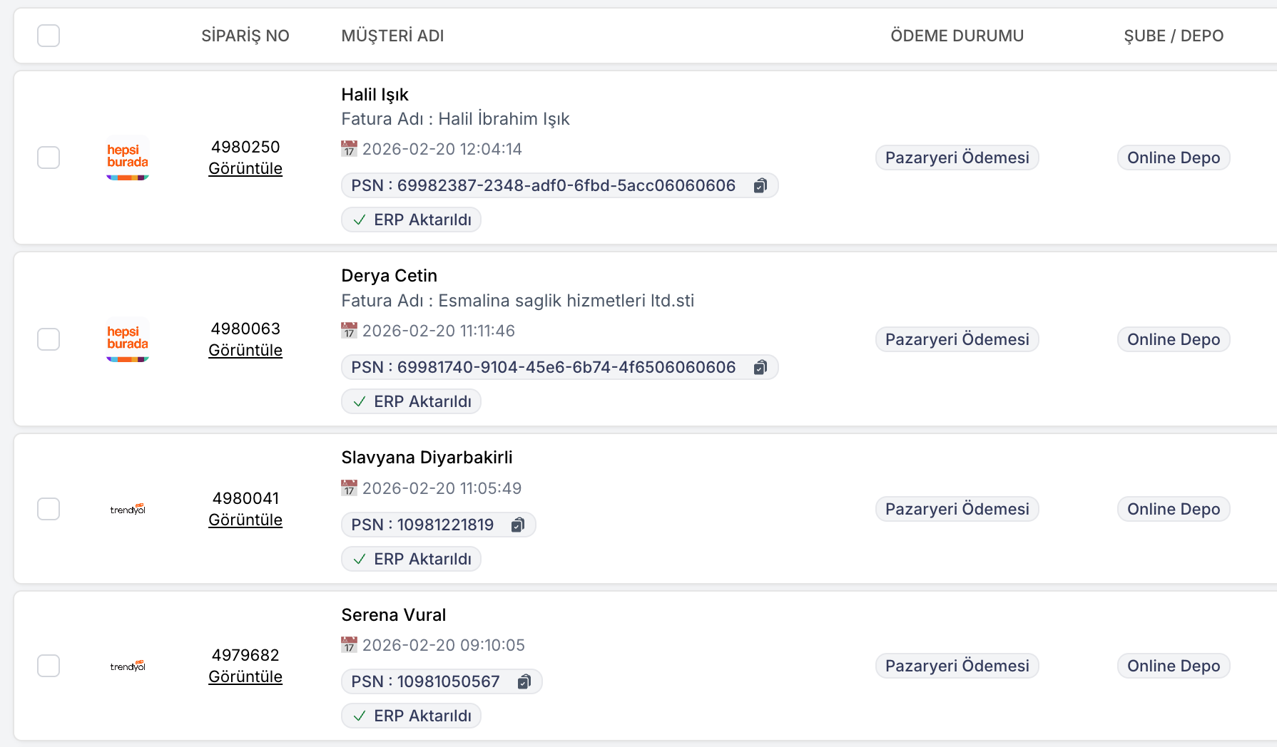 Sipariş Yönetimi Ekranı